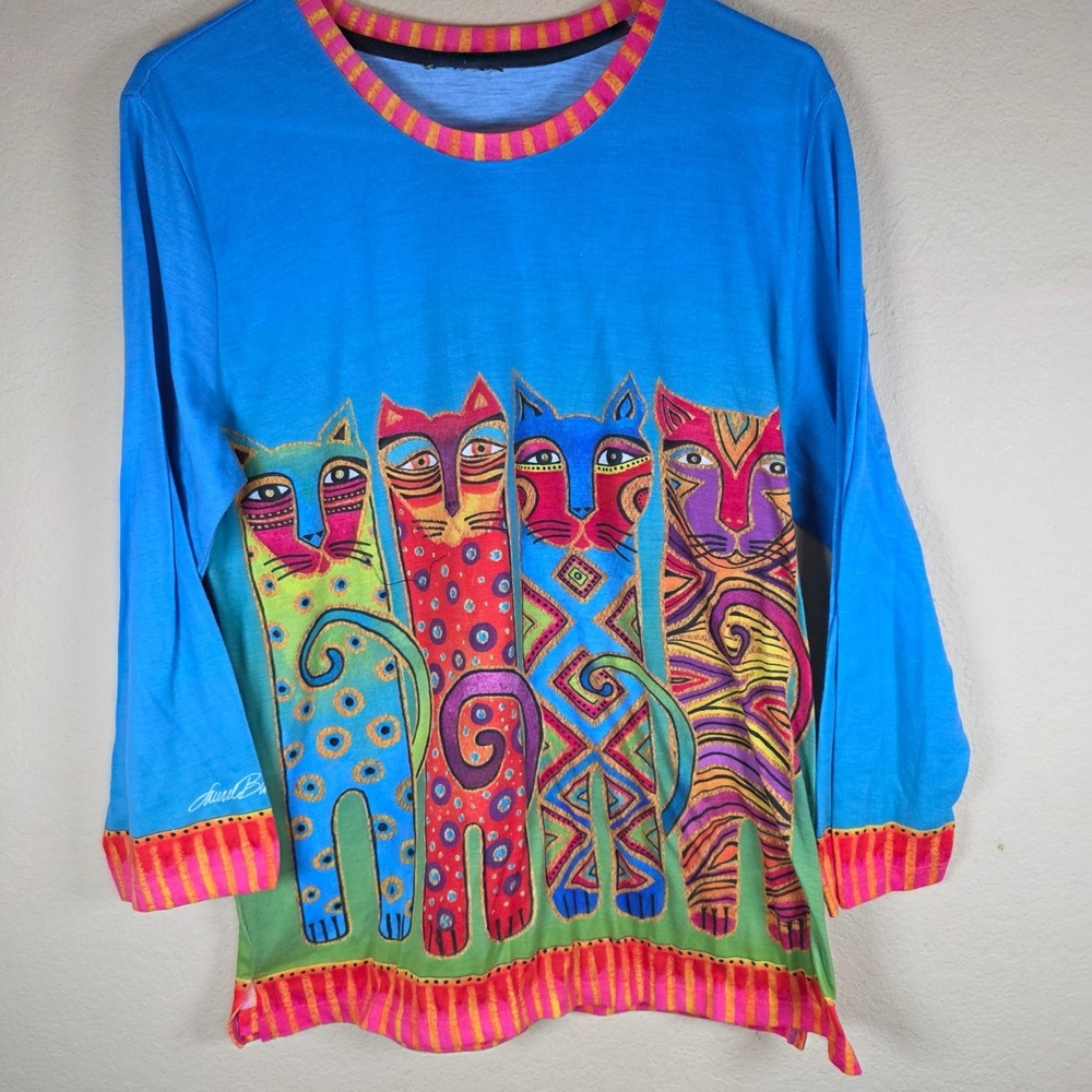 Laurel Burch Womens Artistic Cat Graphic Long Sleeve Top color block sleeve hit